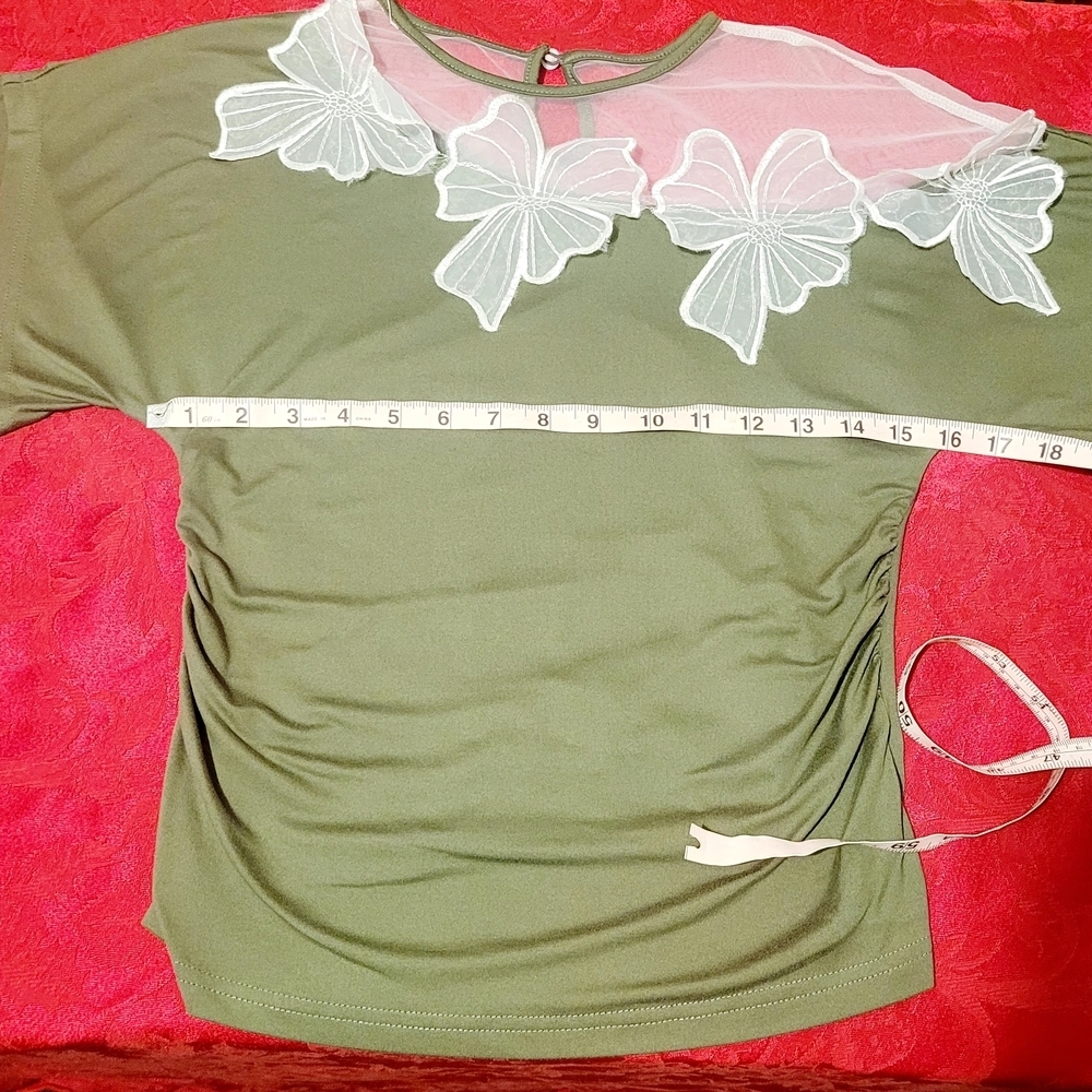 Olive Green Women's Top with Lace Appliqué - Picture 6 of 11